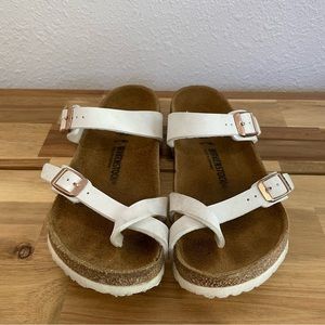 Birkenstock Kids White Sandals with Rose Gold Buckles